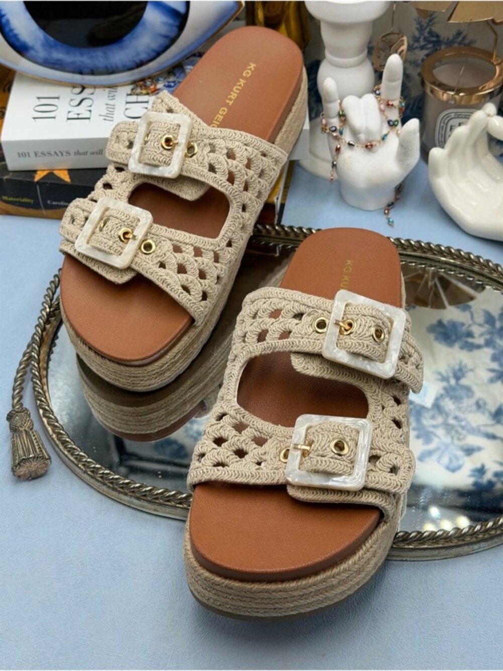🆕 KG KURT GEIGER 🧿 NWOB Madel Braided Platform Sandals, Cream - Sz 38 7.5